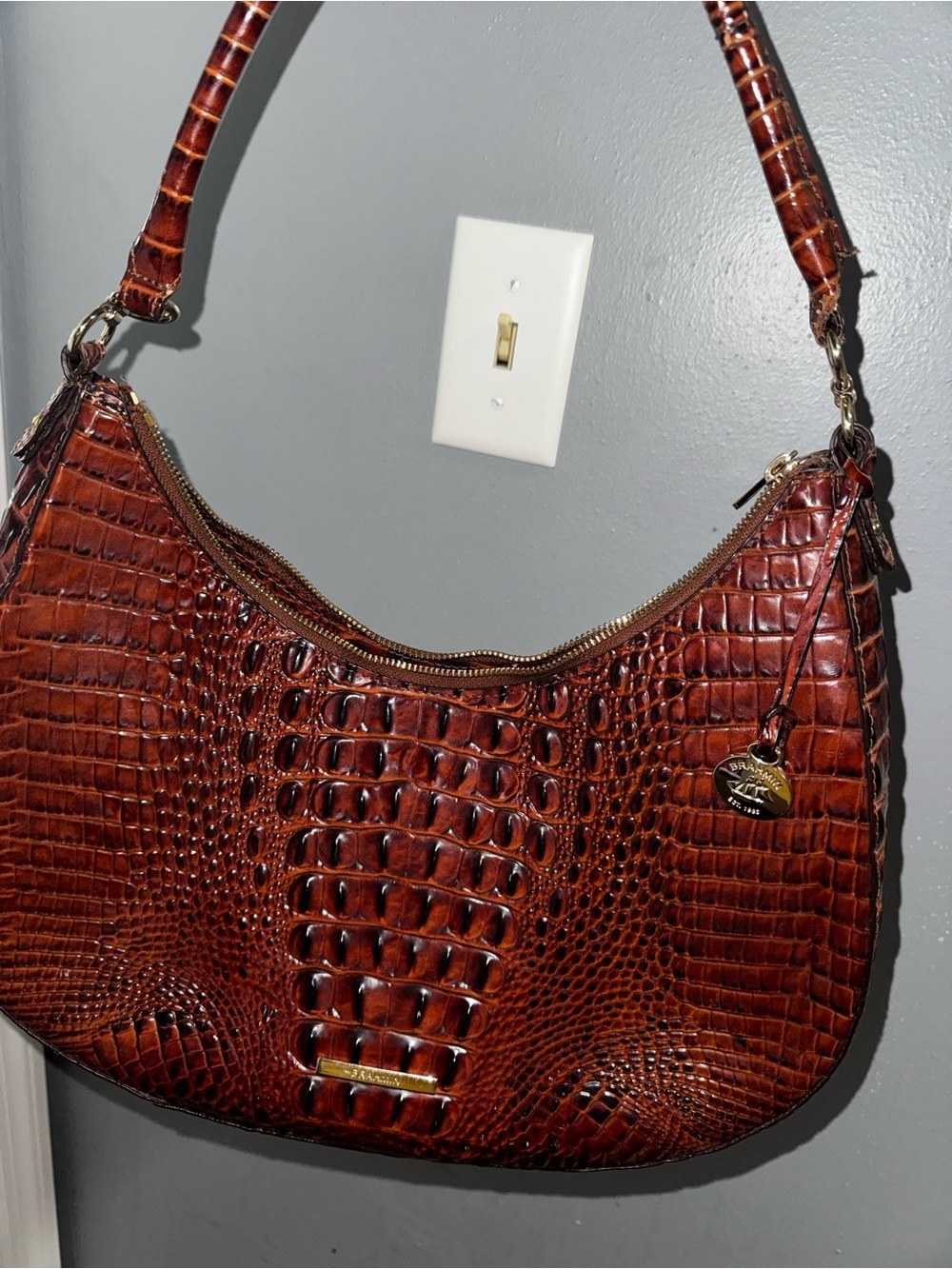 Brahmin Embossed Croc-Effect Saddle Hobo Bag in Chestnut